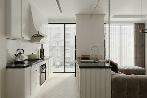Rendering of a minimalist kitchen. Sunlight lighting over the kitchen area. Balcony view from the door. photo
