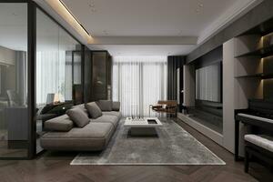 Apartment with spacious living room and big windows. Modern living room interior photo