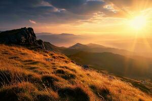 AI generated Golden sunset illuminates a serene landscape with mountains, grassy fields, and rocky formations under a dramatic sky photo
