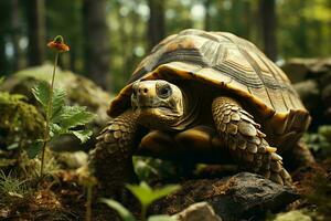 ai generado un de cerca de un tortuga en medio de lozano verdor, sus detallado cáscara contrastando el suave atención bosque antecedentes. foto