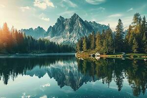 AI generated Breathtaking alpine scenery with a tranquil lake reflecting towering, rugged mountains amidst a lush green forest under a clear sky. photo