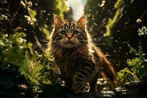 AI generated A beautiful cat with striking eyes sits majestically among vibrant green plants, bathed in the warm glow of sunlight filtering through the leaves. photo