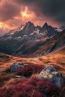 AI generated Breathtaking sunset over jagged peaks, illuminating a serene alpine valley with warm golden hues amidst a dramatic sky. photo