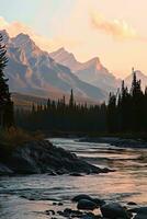AI generated a serene and majestic landscape. The image captures a stunning sunset over a mountainous terrain, casting vibrant orange and red hues across the serene and majestic landscape photo