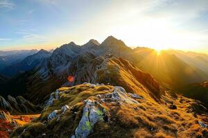 AI generated Breathtaking sunrise atop rugged peaks with scattered snow, under a clear sky illuminating the horizon. photo