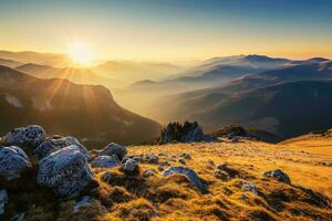 AI generated a golden sunrise casting light on a rocky, grassy landscape with distant mountains shrouded in mist. photo
