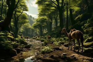 ai generado un grupo de camellos caminar pacíficamente a lo largo un rocoso camino en medio de un lozano, verde bosque bañado en luz de sol. foto