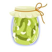 Homemade pickled cucumber with garlic in jar in flat style. Marinated food for menu, food store. Fermented veggies, crunch gherkin with salt. Vector illustration isolated on a white background.