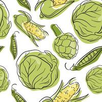 Seamless pattern with hand drawn vegetables. Line art cabbage, corn, peas, artichoke. Vegetarian healthy food vector texture.