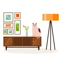 Room interior with cat flat style. Living room interior with tv table, pictures, home decorations. Comfortable apartment decorated in retro style. Cartoon vector illustration.