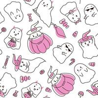 Halloween festive seamless pattern with ghosts in doodle style. Pink endless background with spooky ghosts, candies and speech with boo. Vector illustration.