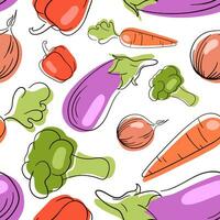 Vector seamless pattern of Vegetables . Vector illustration. Line art. Eggplant, pepper, onion, broccoli, carrot.