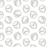 Hazelnuts seamless pattern in line art style. Nuts texture for grocery shop, menu, package. Vector illustration isolated on a white background.