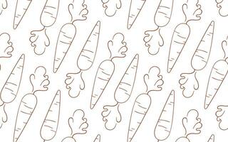 Carrot seamless pattern in line art style. Hand drawn design for kitchen accessories, store, menu and food packaging. Vector illustration on a white background.