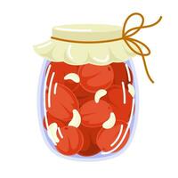 Jar preserved tomatoes and cucumbers in flat style. Can of pickled vegetables. Grocery conserve container. Vector illustration isolated on a white background.