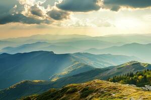 AI generated Breathtaking view of sunset illuminating green mountain ranges under a dramatic cloudy sky, showcasing nature's grandeur. photo
