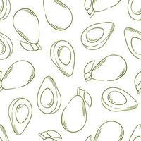 Avocado seamless pattern in line art style. Monochrome hand drawn design for package, textile, food shop, menu. Vector illustration on a white background.