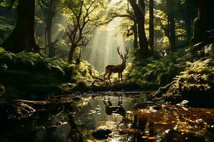 AI generated A majestic deer stands by a stream in a lush, green forest illuminated by ethereal sunlight filtering through the trees. photo