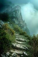 AI generated a serene yet mysterious atmosphere as a foggy mist surrounds a rocky mountain path, with lush greenery painting a picture of solitude and introspection. photo