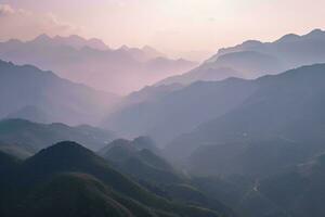 AI generated A tranquil scene of layered mountains veiled in mist, illuminated by the gentle hues of a setting sun, evoking peace. photo