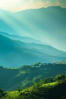 AI generated a mountainous landscape bathed in soft sunlight. Lush green terraced fields dominate the foreground, showcasing nature vibrant hues. photo