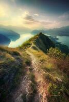 AI generated a breathtaking scene of a mountain trail overlooking a tranquil lake surrounded by majestic peaks under the soft glow of sunset. photo