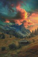 AI generated A breathtaking sunset illuminating a serene landscape with majestic mountains, a solitary cabin, and dramatic clouds. photo