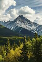 ai generado un asombroso ver de un majestuoso montaña cima, rodeado por un lozano verde bosque debajo un sereno azul cielo con mullido blanco nubes foto