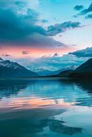 AI generated A tranquil scene capturing a vivid sunset reflecting on a calm lake, surrounded by snow-capped mountains and a colorful sky. photo