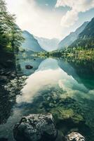 ai generado un sereno alpino lago con cristal claro aguas reflejando el imponente, nevadas montañas y lozano verdor rodeando él. foto