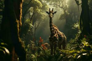 AI generated A giraffe stands majestically in a lush, mystical forest. Sunbeams illuminate the greenery, creating a serene atmosphere. photo