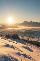 AI generated A breathtaking sunrise illuminates snowy peaks, casting a golden glow on the fog-filled valleys below, highlighting the serene beauty of this winter landscape. photo