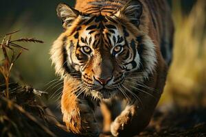 AI generated A majestic tiger walks with intensity, its eyes focused and determined. The golden hour light accentuates every stripe and feature. photo