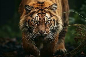 AI generated A captivating image capturing a powerful tiger mid-prowl, its intense gaze piercing through the serene yet dark natural surroundings. photo