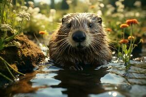 AI generated A close-up of a wet beaver amidst nature. Autumn leaves and forest in the backdrop create a serene environment. photo