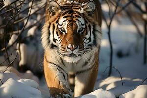 ai generado un majestuoso Tigre con sorprendentes rayas caminando mediante un invernal paisaje, encarnando el salvaje salvaje belleza. el Tigre intenso mirada y poderoso postura foto