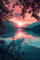 AI generated A breathtaking sunset over a tranquil lake, surrounded by mountains and framed by silhouetted foliage. photo