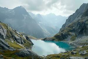 AI generated Breathtaking alpine landscape featuring a serene turquoise lake nestled among majestic rugged mountains under a partly cloudy sky. photo