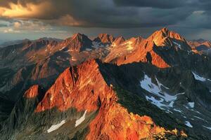 AI generated A breathtaking view of jagged mountains bathed in sunset's glow, with contrasting shadows highlighting the intricate terrain features photo