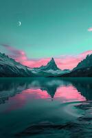 AI generated A tranquil scene featuring a crescent moon, majestic mountains, and a calm lake reflecting the vibrant hues of dusk. photo