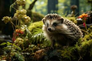 AI generated A curious hedgehog explores a lush garden, surrounded by blooming flowers and rich greenery, basking in the soft sunlight. photo