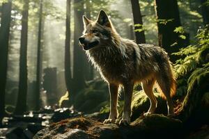 ai generado un solitario lobo soportes en medio de un sereno bosque, bañado en luz de sol filtración mediante el imponente árboles, exhibiendo de la naturaleza crudo belleza y desierto. foto