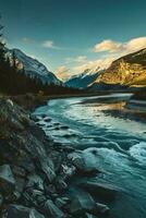 AI generated A serene landscape featuring a rocky riverbed, golden autumn foliage, towering mountains backdrop under a dramatic cloudy sky. photo