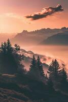 AI generated A tranquil sunrise illuminates misty forests and majestic mountains, casting a warm glow and serene atmosphere. photo