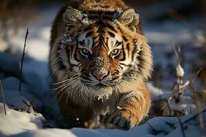 AI generated a majestic tiger covered in snow, prowling through a frosty landscape with an intense gaze, showcasing the beauty of wildlife in winter. photo