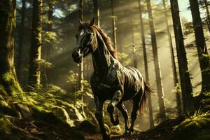 AI generated A stunning black horse gallops freely amidst a beautifully lit, dense green forest, embodying wild elegance. photo