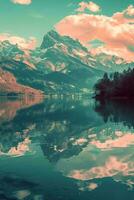 AI generated Breathtaking view of a snow-capped peak, calm waters reflecting the sky's warm hues, surrounded by lush greenery. photo