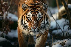 ai generado un majestuoso Tigre con sorprendentes rayas caminando mediante un invernal paisaje, encarnando el salvaje salvaje belleza. el Tigre intenso mirada foto