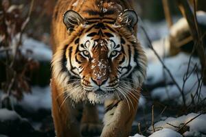 AI generated a majestic tiger with striking stripes walking through a wintry landscape, embodying the wild untamed beauty. The tiger intense gaze photo
