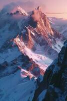 AI generated Majestic mountains bathed in sunrise light, showcasing a blend of snow-covered peaks and rocky surfaces. photo